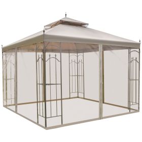 10x10 Steel Patio Gazebo Canopy Brown with Mesh Curtains Shelves