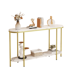 2-Tier Oval Console Table, White Faux Marble Top with Gold Metal Frame, Modern Entryway Table with Open Shelf